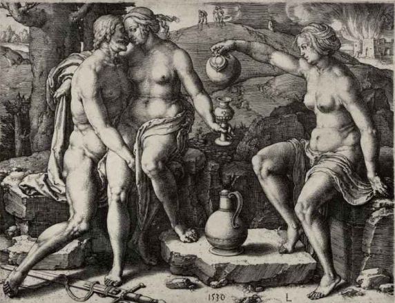 Лука Лейденский " Лот с дочерьми". Резцовая гравюра на меди ( 1530 год).