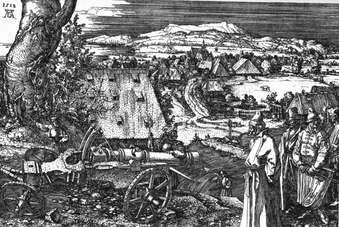 Альбрехт Дюрер " Пейзаж с пушкой". Офорт на меди ( 1518 год). 
