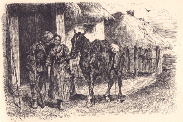 Е. З. Краснушкина " Крестьянка прощается с солдатом". Бумага, офорт (1886 год).
