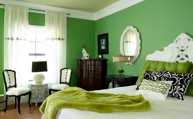 Зеленый цвет в интерьере спальни 