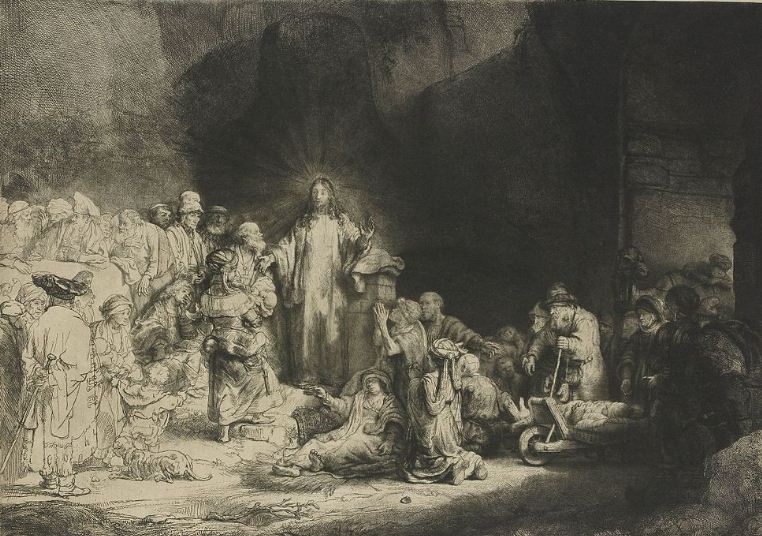 Рембрандт " Проповедь Христа". Офорт, сухая игла, резец ( 1648 год). 