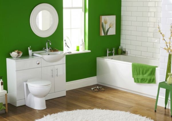 Сочетание цвета авокадо с белым в интерьере ванной 