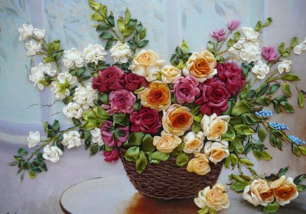 " Пышный букет цветов вазе" - вышивка лентами