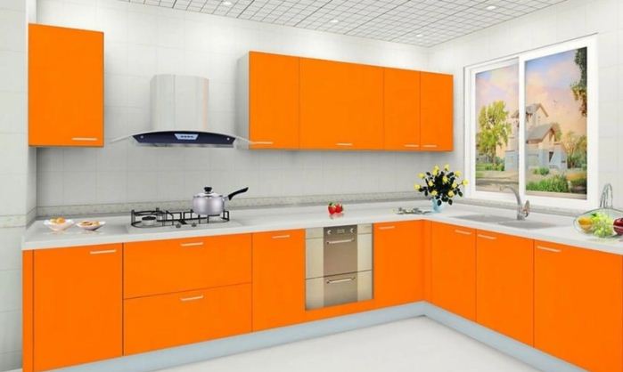 Кухонный гарнитур в апельсиновом цвете 