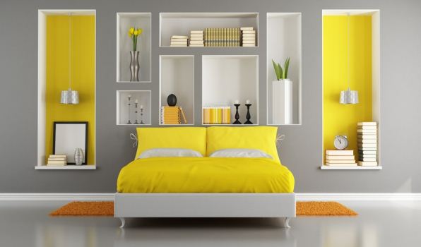 Яркий лимонный цвет в интерьере спальни 
