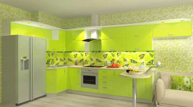 Зеленоватый лимонный оттенок в интерьере кухни 