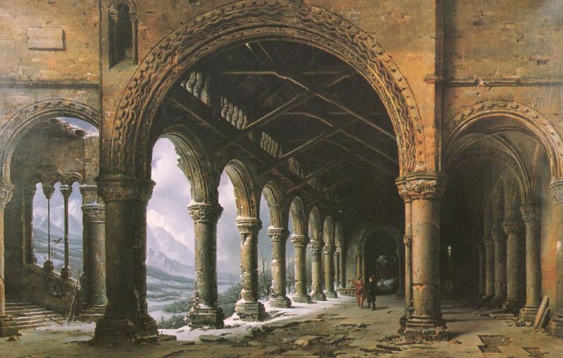 Луи Дагер " Туман и снег, видимые сквозь разрушенную готическую колоннаду" ( 1826 год).
