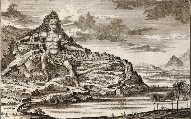 Гравюра эпохи Нового времени, иллюстрирующая замысле Дейнократа относительно устройства гигантской статуи на основе горы Афон.