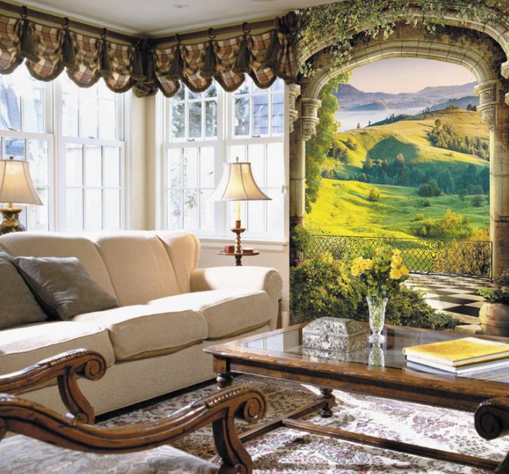Фреска с изображением пейзажа в обрамлении арки зрительно расширит пространство.
