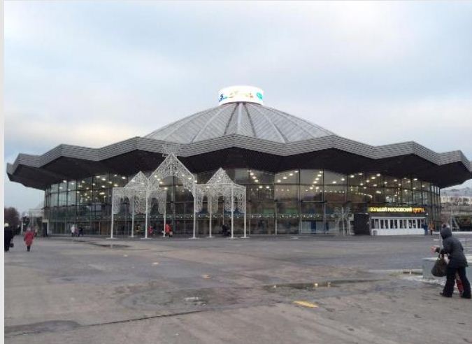 Большой Московский Государственный цирк на проспекте Вернадского - яркий пример центрического сооружения с крышей сложной формы.