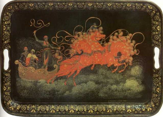 И. И. Голиков. " Тройка" ( поднос, 1926 год. Государственный музей палехского искусства).